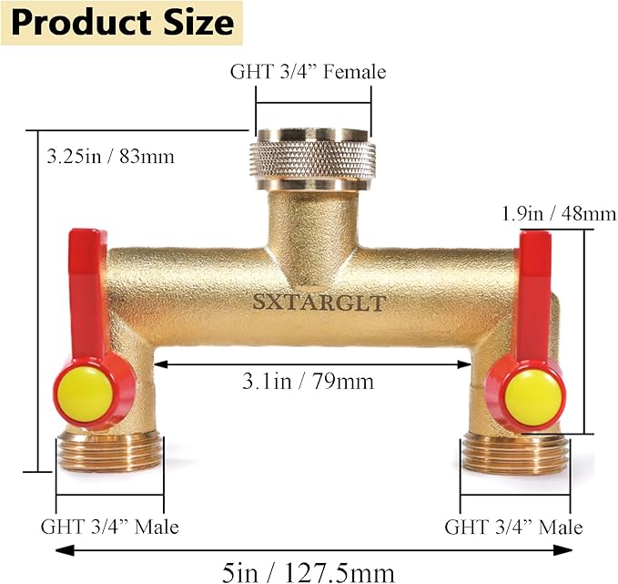 Brass garden hose splitter,、2 way hose splitter with 2 Extension Handles, GHT 3/4”Outdoor Faucet Diverter for irrigation system with extra 1 Filter Rubber Washers 2 Quick Connectors 1 Tape