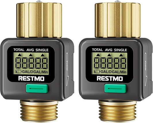 [2 Pack] RESTMO Water Flow Meter, Pure Brass Inlet & Outlet | 4 Measure Modes | Display Gallon/Liter Usage and Flow Rate | Ideal to Outdoor Garden Hose, Lawn Sprinkler Watering, RV Water Tank Filling