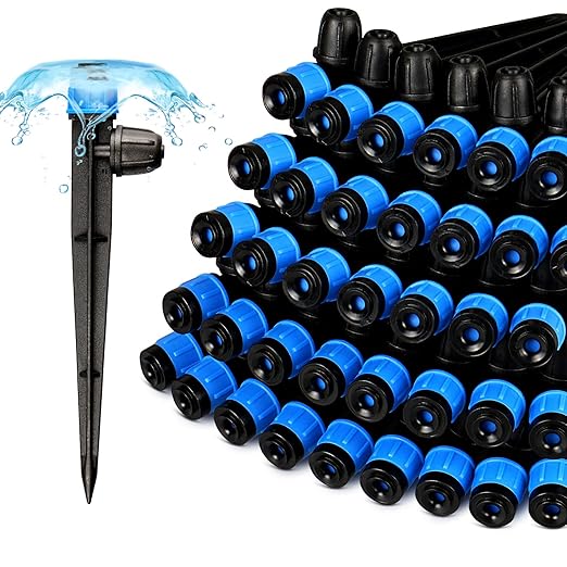 55 Pieces Drip Emitters Fan Shape with Stake for 1/4" Irrigation Tubing: Adjustable 360 Degree Water Flow Irrigation Universal Vortex Sprayer On 5" Stake Drip Pipe Sprinklers Fittings