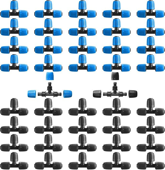 Frienda 40 Pcs 1/2 Inch Drip Irrigation Lock Barbed Tee Tubing (1/2" IDx0.6-0.63" OD) 16mm Fittings Drip Irrigation Parts Anti Drop Locked Reducing Tee for Hose, Blue and Black