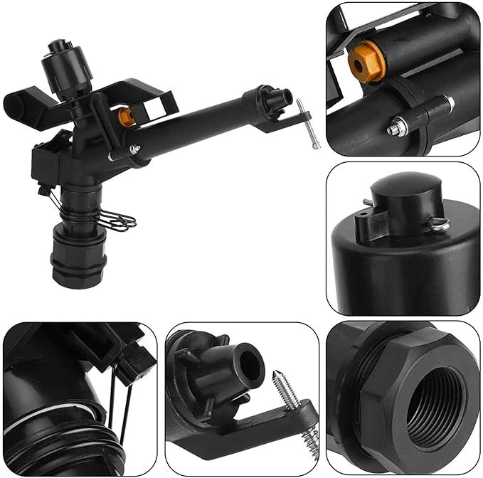 Rocking Arm Sprinkler, 1.5in to 1in DN25 Female Thread Adjustable 360 Degree Rotating Rocking Arm Impact Mini Sprinkler with Nozzle Set
