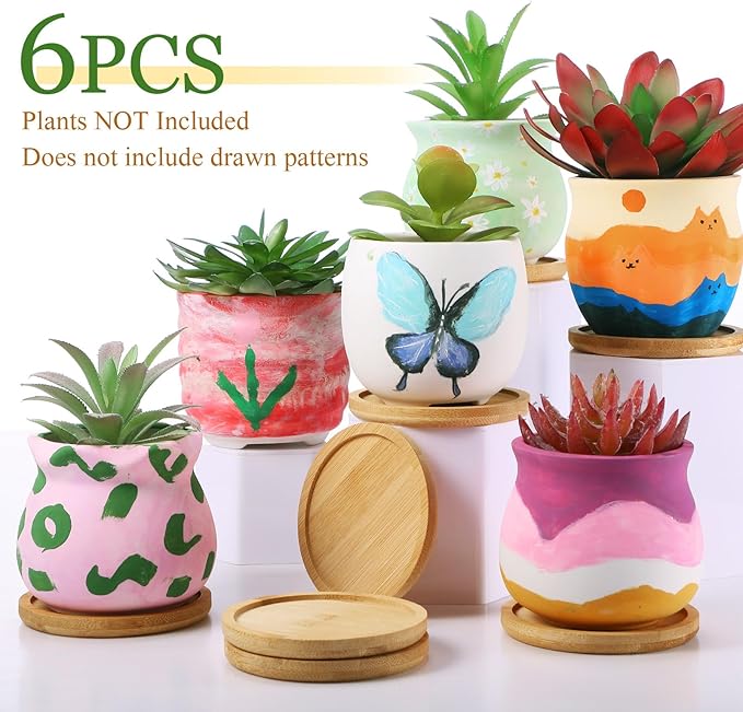 Remerry 6 Pcs 3.5 Inch DIY Ceramic Succulent Pots Figurines Paint Craft Kit Unpainted Ceramic Bisque Paintable Flowerpots with Drainage Hole Ready to Paint Valentine's Day Gifts
