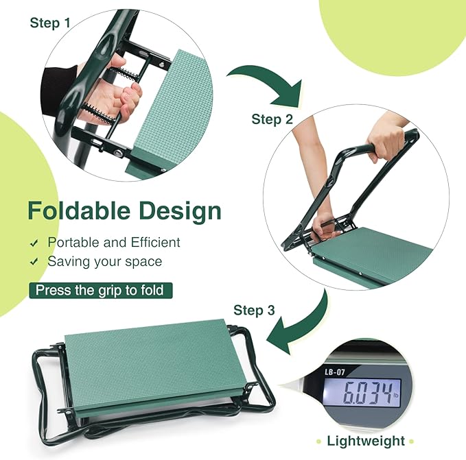 WISYOK Garden Kneeler and Seat, Heavy Duty Gardening Bench with 2 Tool Pouches, Widen EVA Foam Pad, Foldable Garden Stool to Prevent Knee & Back Pain