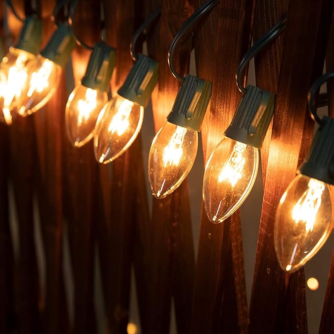 C9 Clear Christmas String Lights 25Ft C9 Outdoor Lights String with 26 Clear Bulbs, Hanging Christmas Roofline Light Patio Lights for Outdoor Decor 7 Watt C9/E17 Intermediate Base-Green Wire