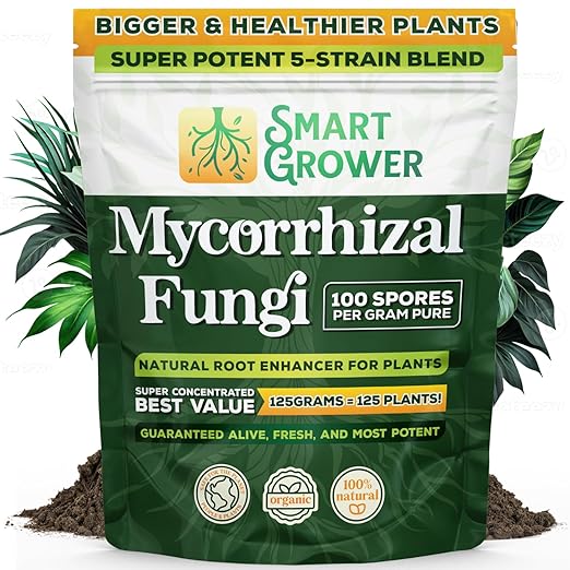 Mycorrhizal Fungi Organic Root Enhancer for Plants, Super Potent 100 Spores Per Gram, 5-Strain Blend, Rapid Results for Gardens, Houseplants, Lawns, Mycorrhizae Smart Grower 125 Grams for 125 Plants