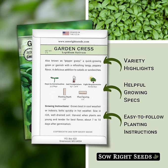 Sow Right Seeds - Garden Cress Seeds for Planting - Non-GMO Heirloom Packet with Instructions to Plant and Grow a Kitchen Herb Garden - Indoors or Outdoors - Edible Leaves and Cute Filler (2)