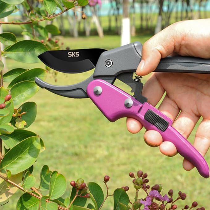 Premium 8 inch garden clippers, 3 Times Easy to Work, Arthritis Weak Hand Snips (Pulley lever -pruners- Purple)