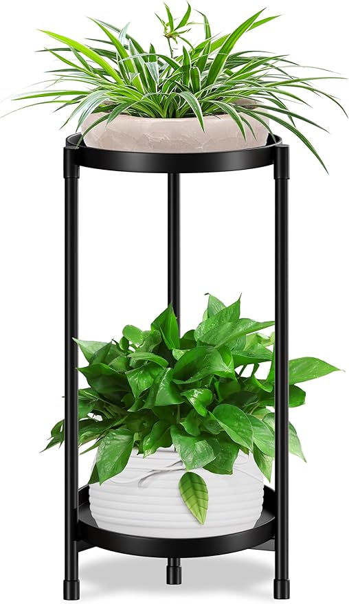 2 Tier Plant Stand Indoor Tall,Metal Flower Pot Holder Stands for Outdoor,Round Heavy Duty Corner Plant Shelf Black for Patio Garden Balcony Living Room Bedroom