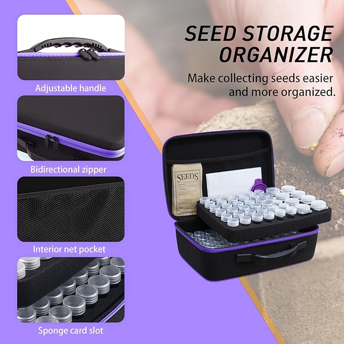 104 Slots Seed Storage Organizer with 20 Seed Envelopes, Portable Seed Organizer Box with Zipper Bag Label Stickers, Seed Storage Container 1 oz 5 oz for Flower Plants Garden (104 Jars)