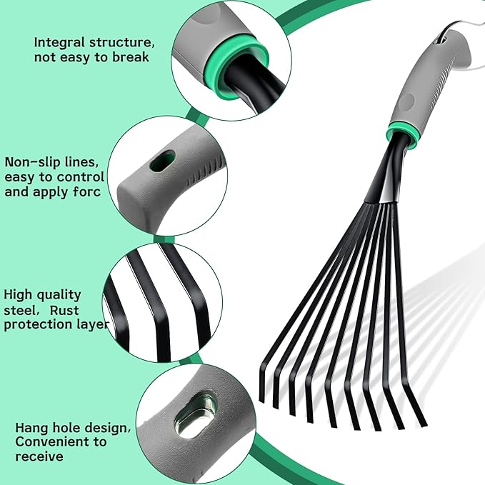 2 Pcs Gardening Hand Rake Stainless Steel Hand Tiller Small Garden Rake for Gardening Short Handle Rake with Handle Garden Tools for Cultivating Loosening Soil Spreading (Gray Green, Stylish Style)