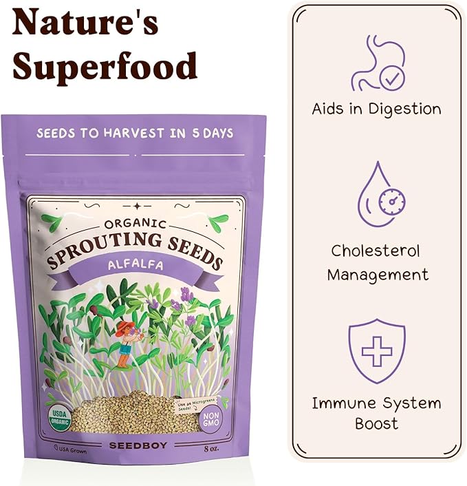 Organic Alfalfa Seeds for Sprouting - Non-GMO, USA Grown Alfalfa Microgreens Sprouting Seeds Mix - Makes 8 Quarts of Sprouts, 24 Servings (8 oz) (Alfalfa)