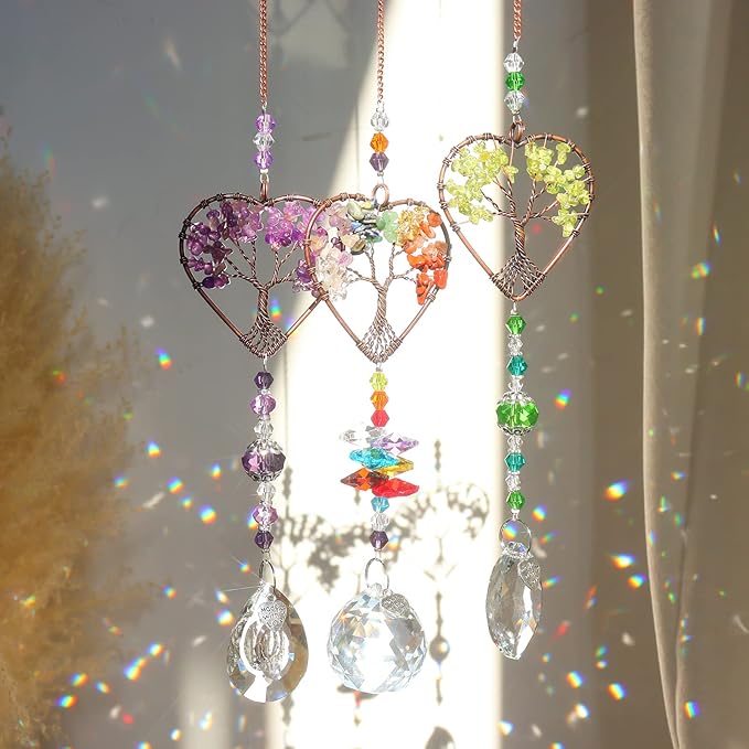 Crystal Sun Catcher Indoor Windows Hanging Tree of Life SunCatchers with Prisms, Chakra Decor for Home, Healing, Pack of 3