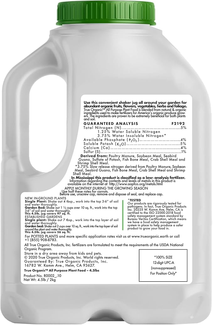 True Organic All Purpose Plant Food – Organic Fertilizer for Fruits, Vegetables, Flowers, and Herbs – 4.5lb Jug Covers 97 sq. ft.