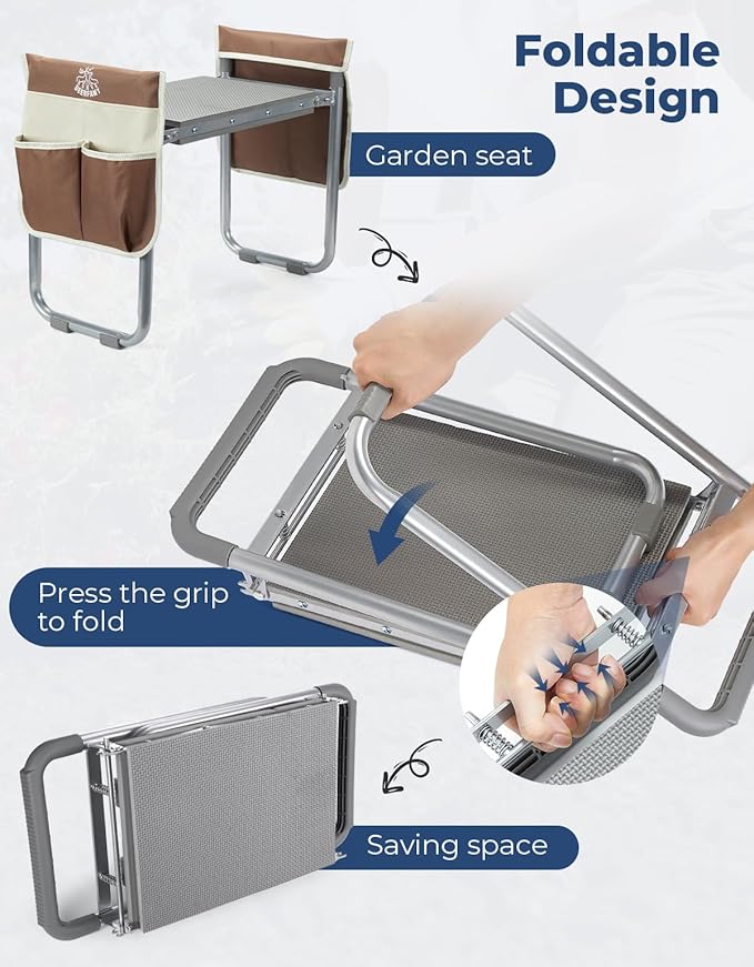 DEERFAMY Garden Stool 10.2" Width, Garden Kneeler and Seat Load Cap 350 lbs, Heavy Duty Gardening Stool with Extra Kneeling Pad, 2 Tool Pouches, Claw Gloves, Gift for Women Seniors, Brown