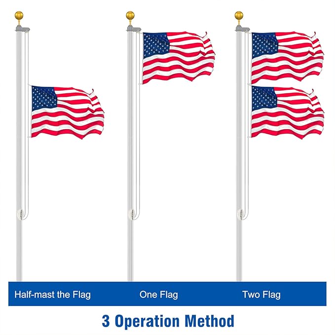 Flag Pole Kit 25FT, 12 Gauge 1.8mm Thickness Heavy Duty Flag Poles with 3x5 American Flag, Silver Flag pole for Outdoor House In Ground, Extra Thick Flagpoles Suitable for Yard and Garden
