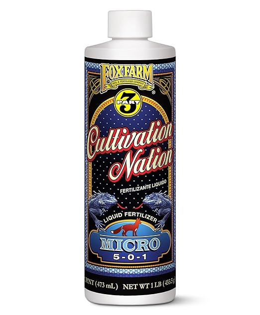FoxFarm Cultivation Nation Micro Liquid Fertilizer - Micronutrients for Strong Plant Development, Ideal for Soil, Hydroponics & Aeroponics - Part 2 of 3-Part Feeding Program- NPK 5-0-1 (Pint)