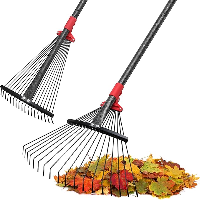 Rake, Adjustable Rake for Leaves with 9”-17” Rake Head, Rakes for Lawns Heavy Duty, 60 in Garden Rake with 18 Clog-Free Tines, Long Handle, Metal Rakes Tool for Gardening, Fast Cleanup Camping Rake