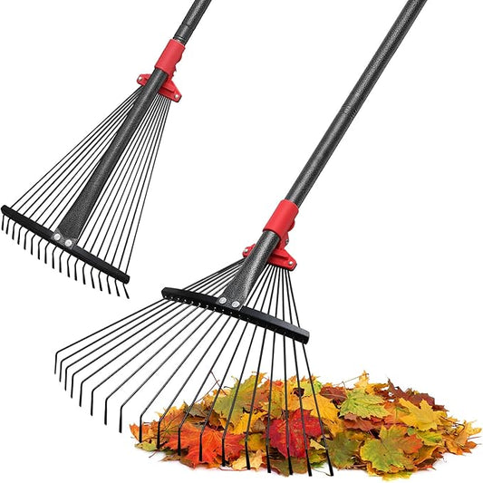 Rake, Adjustable Rake for Leaves with 9”-17” Rake Head, Rakes for Lawns Heavy Duty, 60 in Garden Rake with 18 Clog-Free Tines, Long Handle, Metal Rakes Tool for Gardening, Fast Cleanup Camping Rake