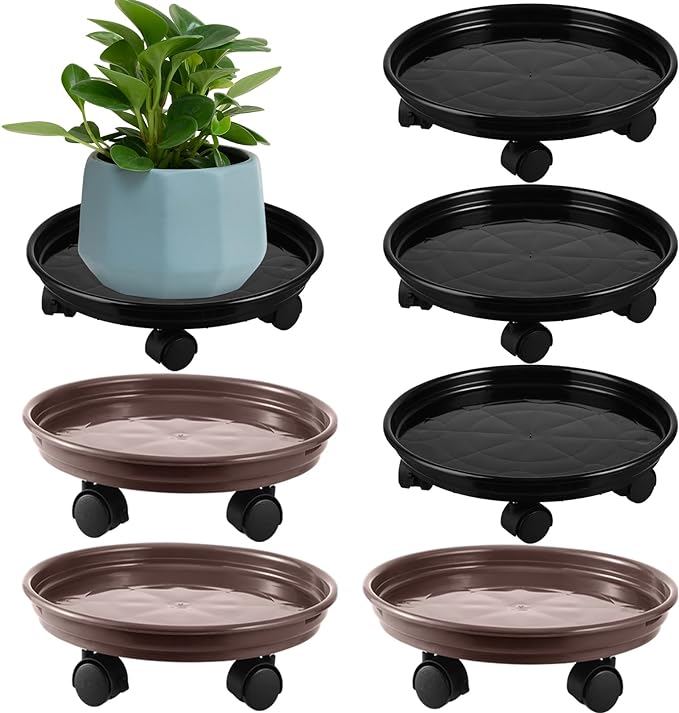 6 Packs Plastic Plant Caddy with Casters 12” Plant Dolly Heavy Duty Rolling Plant Stand with Wheels for Indoor and Outdoor Large Heavy Plant Pot Rollers, Black and Brown