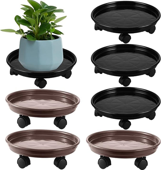 6 Packs Plastic Plant Caddy with Casters 12” Plant Dolly Heavy Duty Rolling Plant Stand with Wheels for Indoor and Outdoor Large Heavy Plant Pot Rollers, Black and Brown