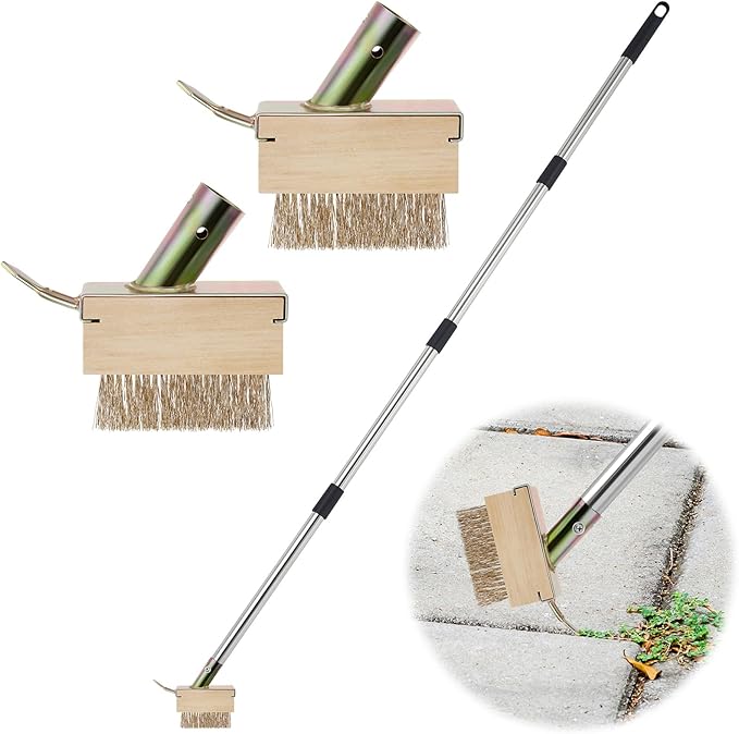 Tandefio Crack Weeder with 2 Weed Brush Heads, Long Manual Crevice Weeding Tool, Manual Weeder Moss Weed Remover Puller Tool Grout Brush with Steel Handle for Deck Paver Patio Walkway Driveway Wall