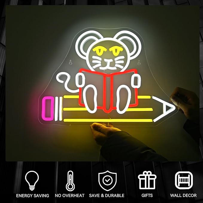 Pencil Mouse Neon Sign Mouse Book Reading Neon Lights for Wall Decor Dimmable Colorful Light Up Sign for Classroom Bookstore Library Bedroom Bookish Museum Teen Gifts (USB Powered 5V/2A)