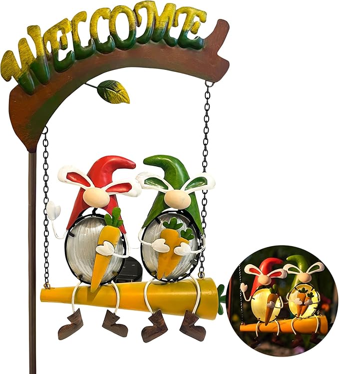 HONGLAND Solar Lights Outdoor Decor, Rabbit Swing Garden Decor, Funny Gardening Gifts for Women Mom, Gnomes Outdoor Decorations with Welcome Sign for Front Porch Patio