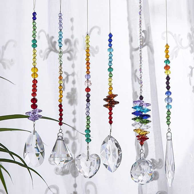 H&D HYALINE & DORA Colorful Crystals Glass Pendants Chandelier Suncatchers Prisms Hanging Ornament Octogon Chakra Crystal Pendants for Home,Office,Garden Decoration,Pack of 6