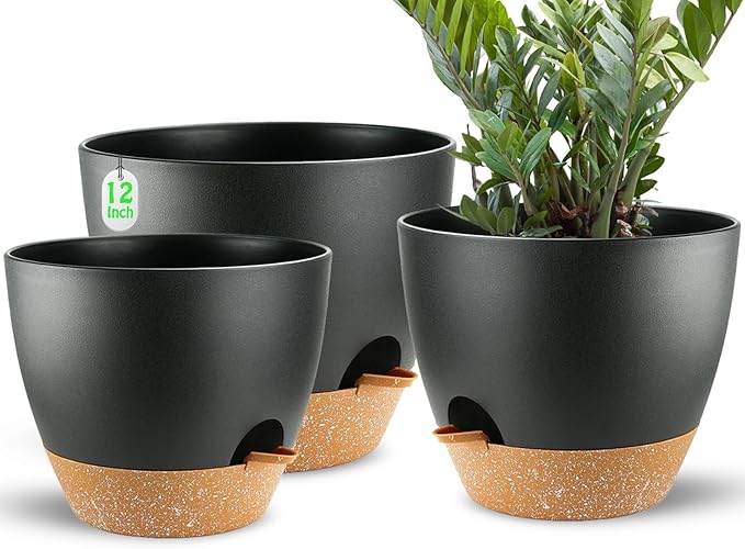 Large Self Watering Planters Plant Pots Outdoor 9/10/12 Inch for All House Plants Black Plastic Flower Pots with Drainage Hole Flower Pots for Indoor Plants Gift Idea for Home Decor