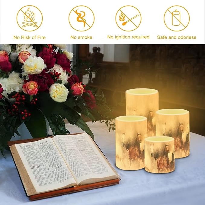 Vintage Running Horse Outdoor Waterproof LED Candles Battery Operated Set of 4 with Timer Remote Colour Changing Pillar Candles for Fall Halloween Decor