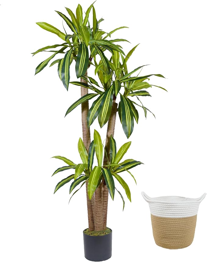 Artificial Dracaena Tree, 6ft Tall Fake Dracaena Plant with Basket, Indoor Outdoor Faux Topiary Yucca Trees for Office Home Living Room Porch Patio Décor