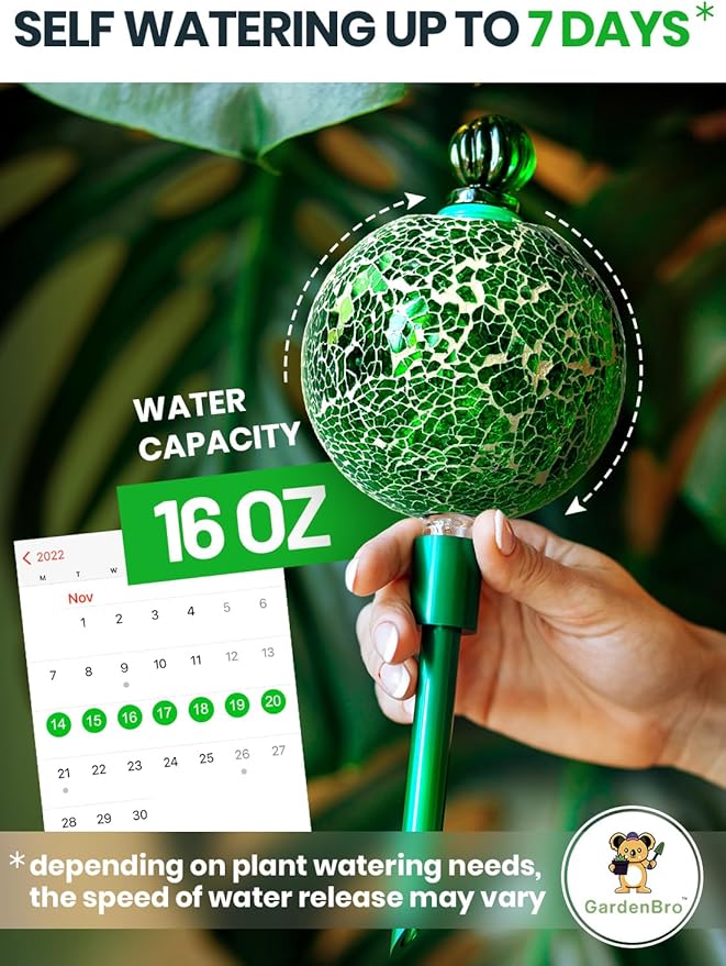 16 Oz Plant Watering Globes For Indoor Plants With Metal Self Watering Planter Insert - Premium XL Glass Hand-blown Globes - Automatic Indoor Planter Waterer, Gift Idea For Gardeners [1, Mosaic]