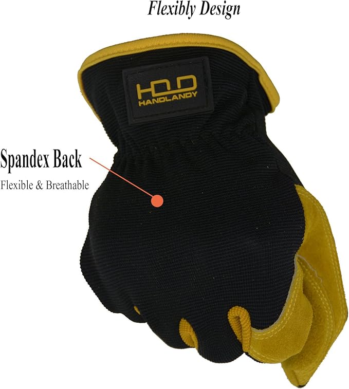 HANDLANDY Men Leather Gardening Gloves, Utility Work Gloves for Mechanics, Construction, Driver, Dexterity Breathable Design