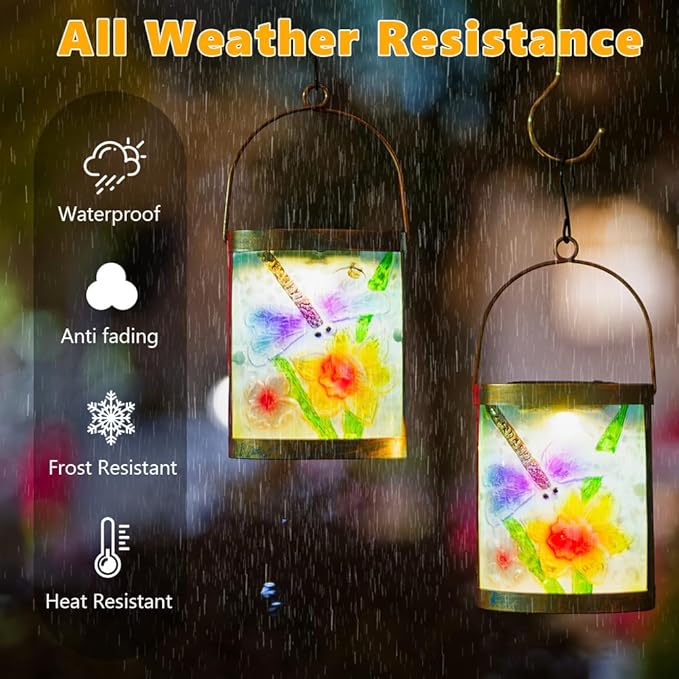 2 Pack Dragonfly Hanging Solar Lanterns Outdoor Waterproof Decorative Glass LED Solar Lantern for Tabletop Garden Patio Decor