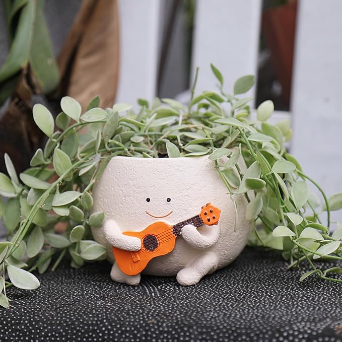 Smily Face Planter Pot with Drainage Hole Cute Resin Head Planters for String of Pearls Plant Live Unique Guitar Succulent Pots for Indoor Outdoor Plants Gift IdeaI for Mother Christmas