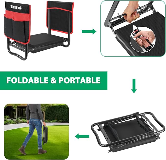 TomCare Upgraded Garden Kneeler and Seat Widen Soft Kneeling Pad Garden Tools Stools Garden Bench with 2 Larger Tool Pouches Outdoor Foldable Sturdy Gardening Tools Gifts for Gardeners, Black