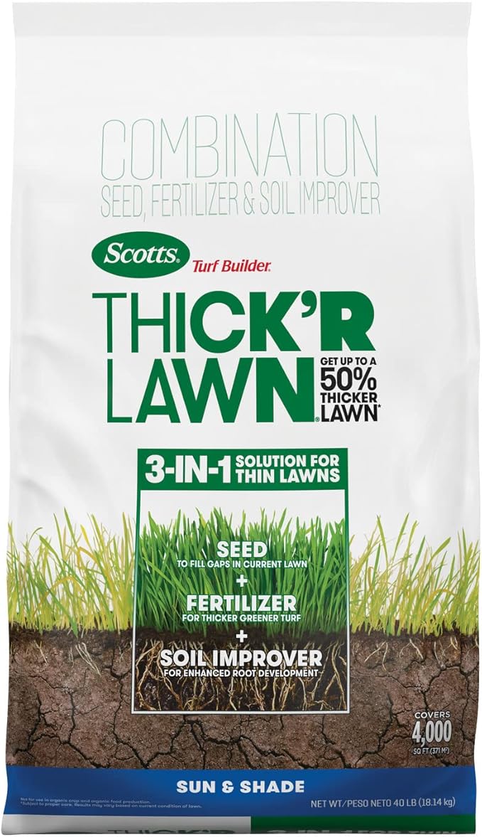 Scotts Turf Builder THICK'R LAWN Grass Seed, Fertilizer, and Soil Improver for Sun & Shade, 4,000 sq. ft., 40 lbs.