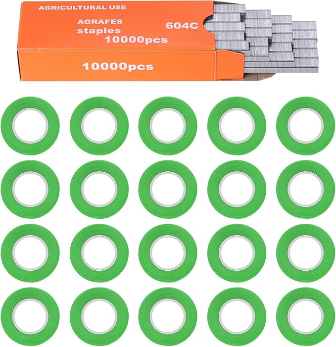 20 Rolls Green Plant Ribbon Binding Tape for Plant Tying Machine, PVC Tape Plant Ribbon Tape, Garden Tape Roll Plant Tape with 10000pcs Staples
