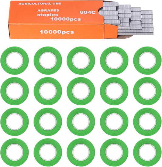 20 Rolls Green Plant Ribbon Binding Tape for Plant Tying Machine, PVC Tape Plant Ribbon Tape, Garden Tape Roll Plant Tape with 10000pcs Staples