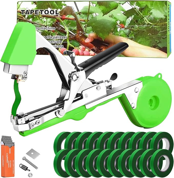 Plant Tying Machine Garden Vine Tying Tape Tool Plant Binding Machines Plant Tape Gun Plant Binder Agriculture Tapetool with 10000 PCS Staples and 20 Rolls Green Tape for Tomato Grape Pepper