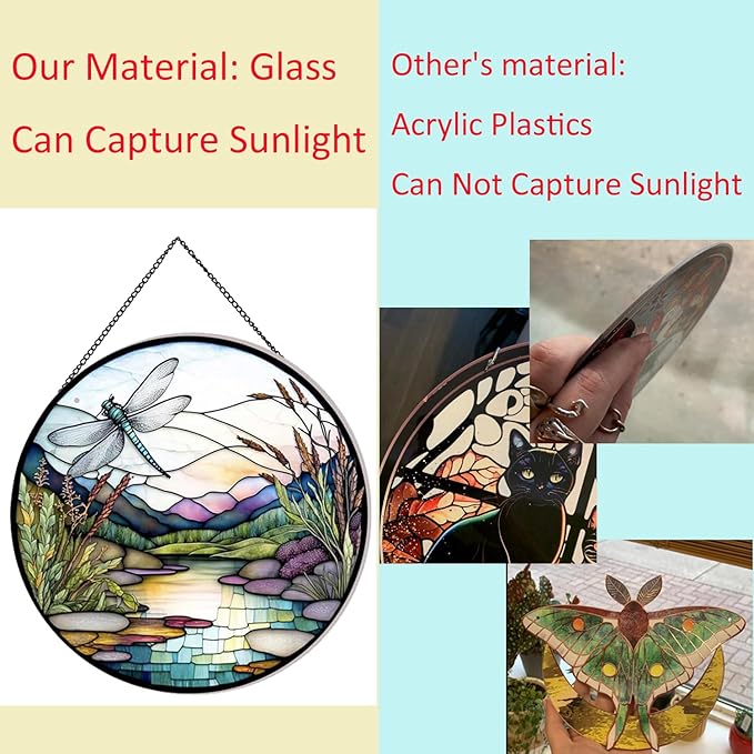 River and Dragonfly Pattern Suncatcher Stained Glass,Hanging Stained Glass for Windows,20cm/7.87inch Hand-Painted Sun Catcher Garden Hangings Painted Glass Panel Decor Themed Gift
