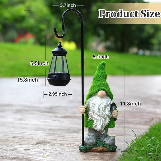Flocked Solar Garden Gnomes Outdoor Statues-15.8”Outdoor Garden Decor-LED Outdoor Decor Light-Unique Housewarming Gifts Yard Art Sculptures for Patio Lawn Ornaments