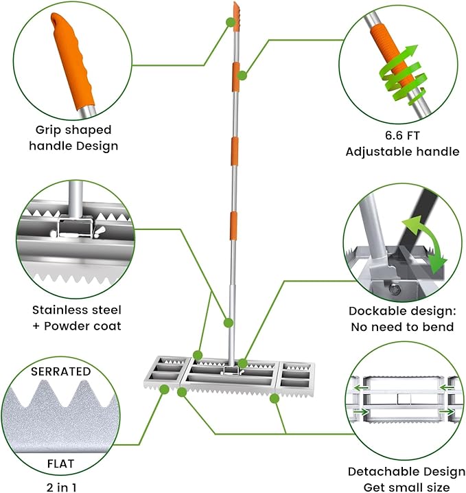Lawn Leveling Rake, 30in | Double Side can Switch, with 20pc Marking Flags to Mark Low Spot, Stainless + Powder-Coat, FLAT Level Soil/Dirt/Compost on Lawn, SERRATED Rake Dead Grass/Ruts/Gravel on Yard