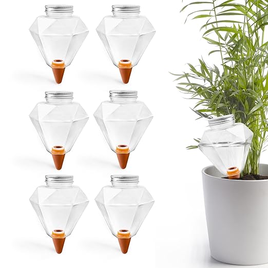 Watering Globes XL - 6 Pcs Diamond Plastic Shape Plant Watering Globes Self Watering Planter Insert 17oz Large for Indoor＆Outdoor Plants Watering Bulbs