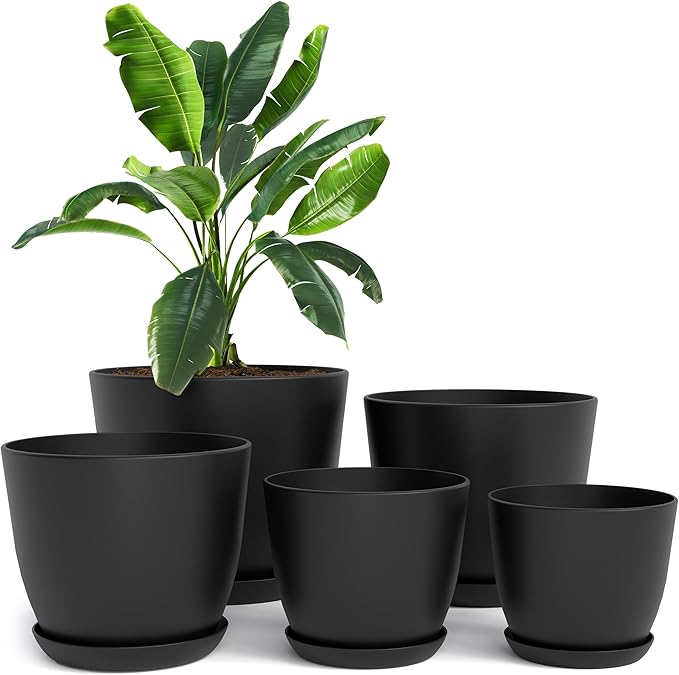 Utopia Home - Plant Pots Indoor with Drainage - 7/6.6/6/5.3/4.8 Inches Home Decor Flower Pots for Indoor Planter - Pack of 5 Plastic Planters for Indoor Plants, Cactus, Succulents Pot - Black