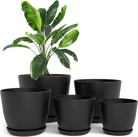 Utopia Home - Plant Pots Indoor with Drainage - 7/6.6/6/5.3/4.8 Inches Home Decor Flower Pots for Indoor Planter - Pack of 5 Plastic Planters for Indoor Plants, Cactus, Succulents Pot - Black