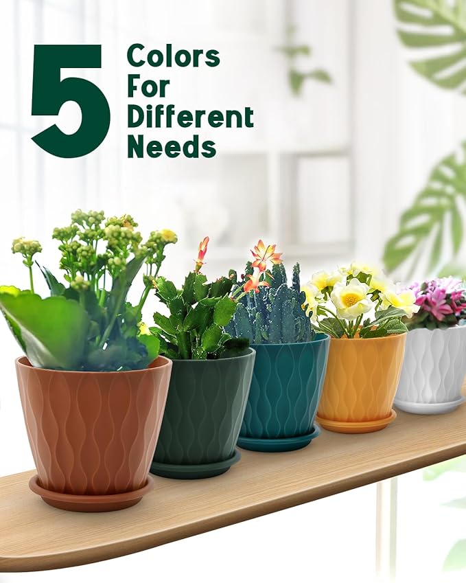 6 Inch Indoor Planter Pots with Drainage Hole and Tray Saucer,Flower Pots for Indoor Outdoor Garden Plants and Flowers, Multicolor, 5 Packs