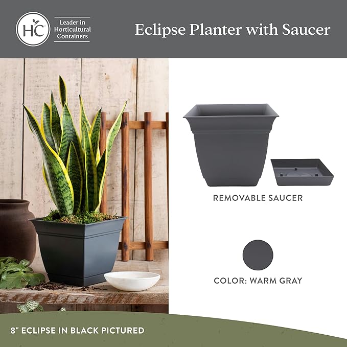 The HC Companies 6 Inch Eclipse Square Planter with Saucer - Indoor Outdoor Plant Pot for Flowers, Vegetables, and Herbs, Warm Gray
