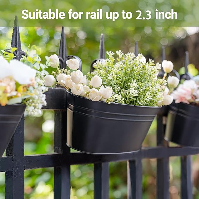 Dahey Metal Iron Hanging Flower Pots for Railing Fence Outdoor Planter Hanging Bucket Pots Countryside Style Window Flower Plant Holder with Detachable Hooks Home Decor,Black,5 Pcs
