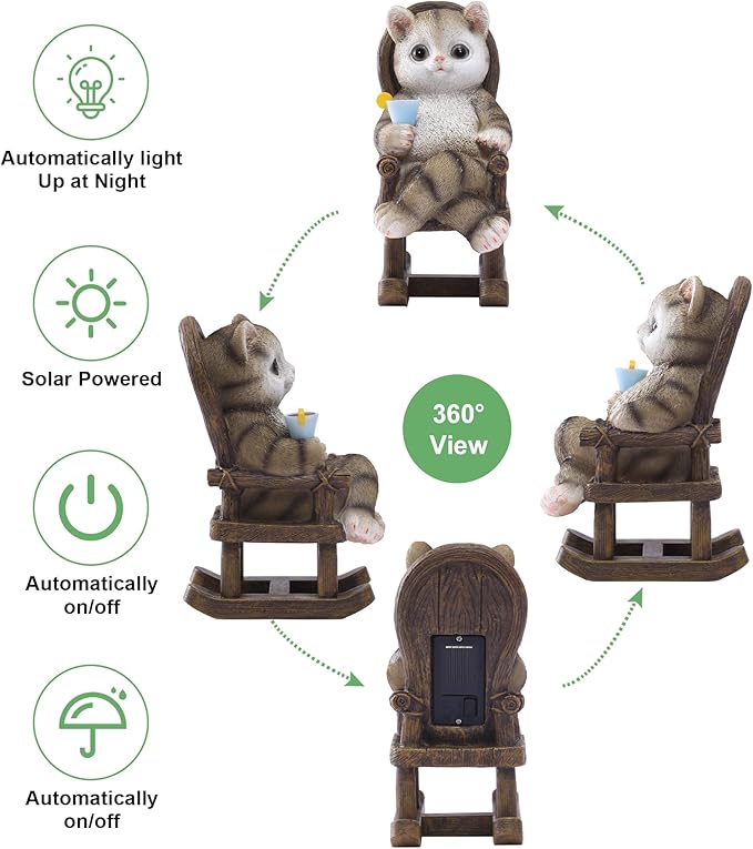 Solar Cat Statue Garden Decor: Outdoor Indoor Figurine for Clearance Outside Lawn Porch Desktop Accessories - Gifts for Mom Women